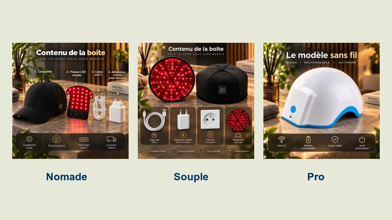Les trois casques Hairynov côte à côte : la casquette Nomade et sa plaque, le casque Souple en néoprène et sa plaque à diodes, la coque rigide Pro