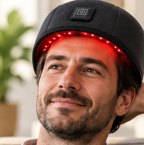 Homme souriant, casque Hairynov allumé sur la tête